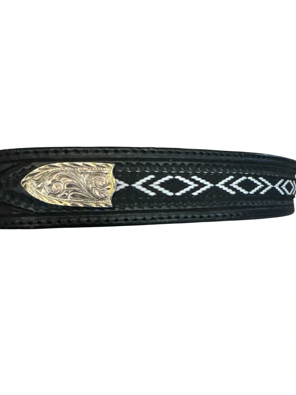 Kids Black Textured Leather Belt with Silver Colored Buckle & Stitched Design